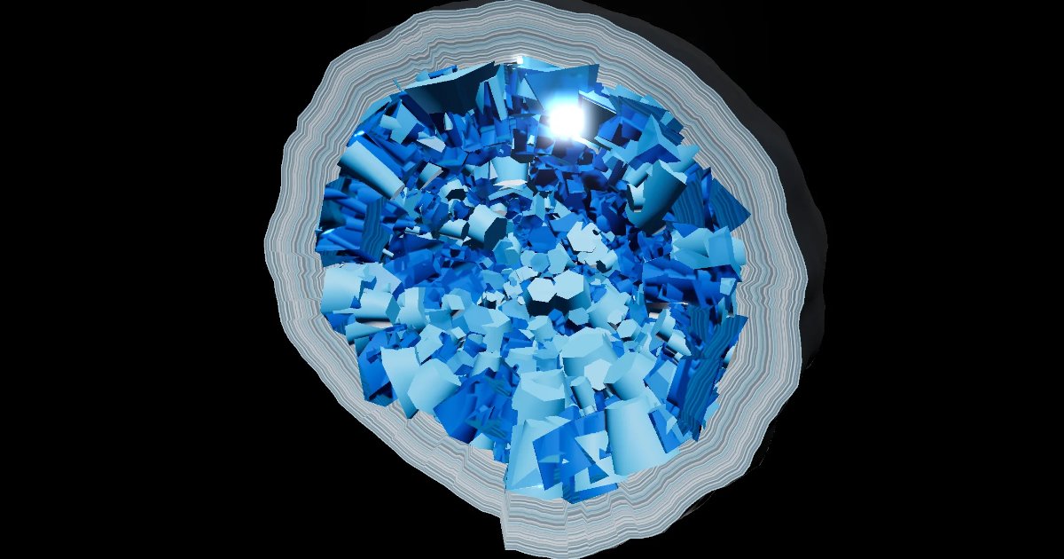 Screenshot of Generative Geode: 3D geode generator with mineral growth, agate layers, and crystal formations. Explore procedural geology — a generative mineralogy art tool.