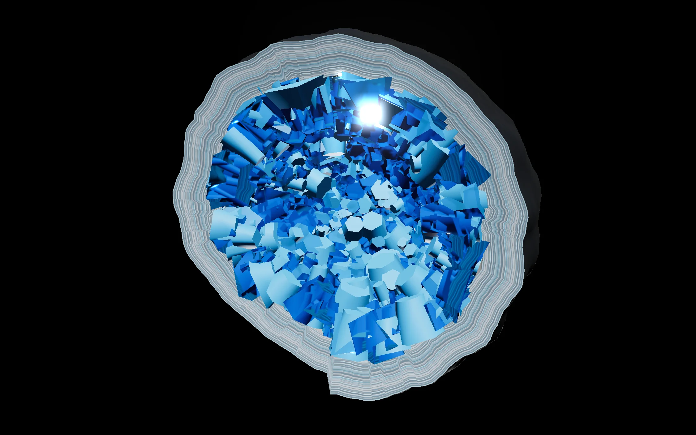 Screenshot of Generative Geode: 3D geode generator with mineral growth, agate layers, and crystal formations. Explore procedural geology — a generative mineralogy art tool.