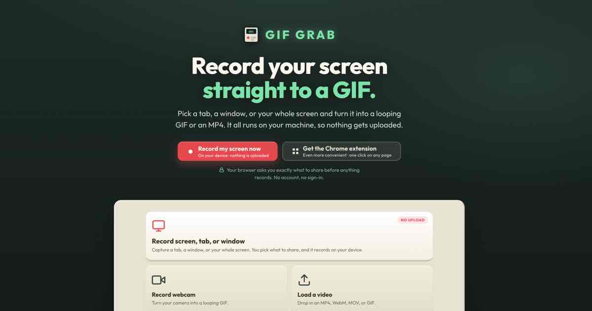 Screenshot of GIF Grab: Screen record a tab, window, or webcam, or drop in a video, then trim, caption, and size-cap it - export as GIF or MP4. Private, on-device. Get the Chrome extension!