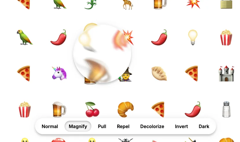 Screenshot of Glass Emoji: Glass distortion toy with emoji. Warp and refract a wall of characters through interactive lens effects — a satisfying optical physics toy.