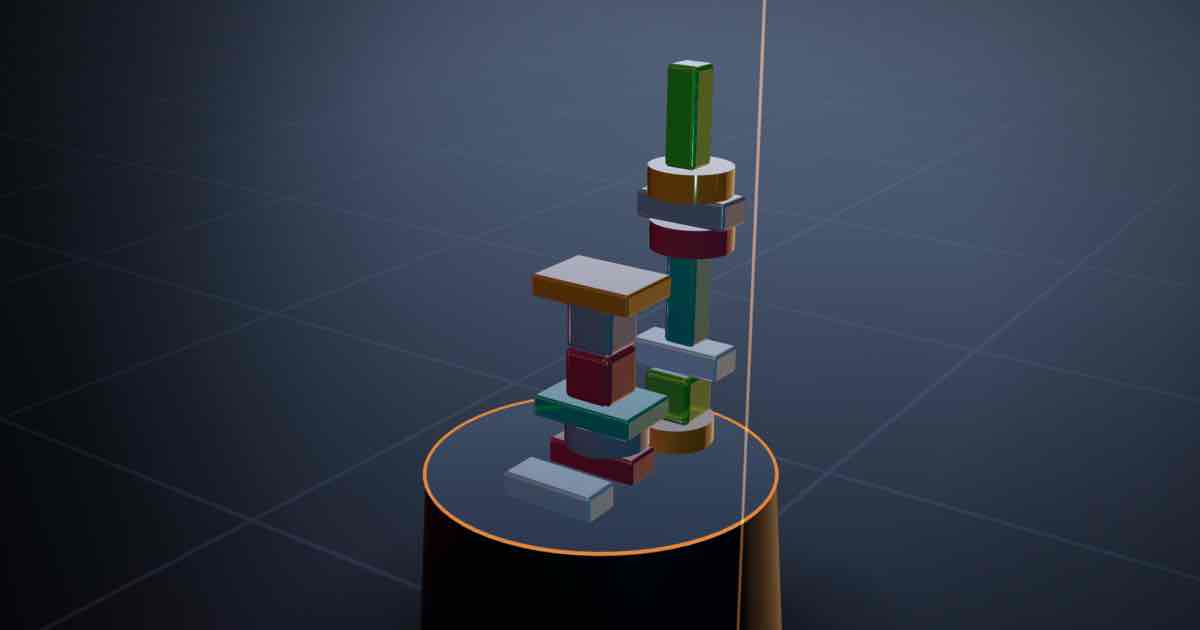 Screenshot of Glass Towers: 3D stacking balance game. Drop translucent glass shapes on a pedestal and build the tallest sculpture — free alternative to Stacktris and Balance Stack.