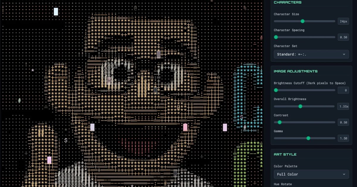 Screenshot of Pixel Glitch: Glitch art and ASCII art creator. Transform photos into pixel-corrupted text designs with customizable distortion — a free alternative to Photomosh and Glitchet.