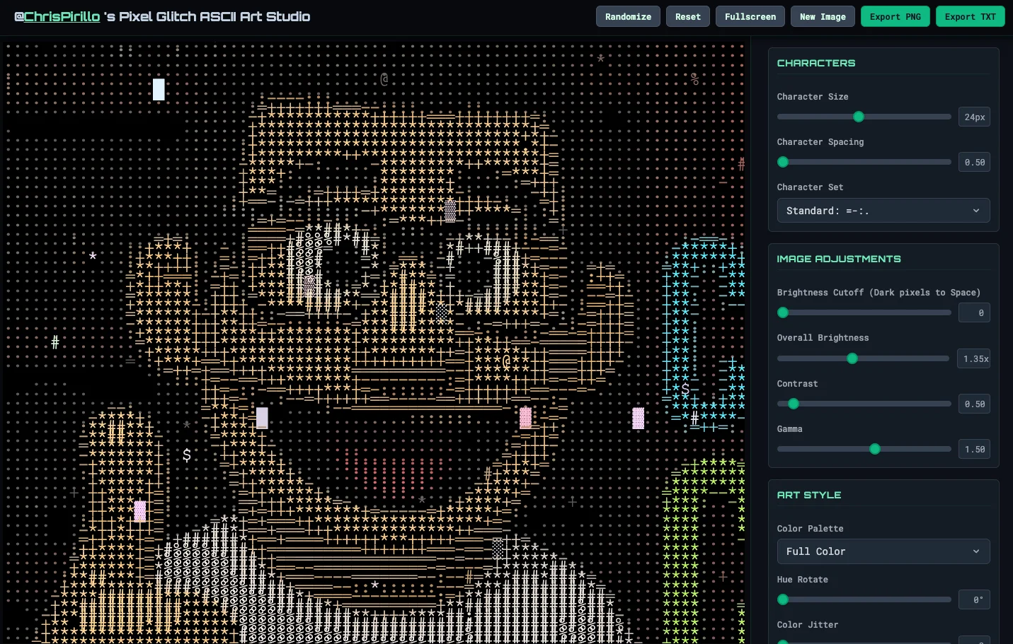 Screenshot of Pixel Glitch: Glitch art and ASCII art creator. Transform photos into pixel-corrupted text designs with customizable distortion — a free alternative to Photomosh and Glitchet.
