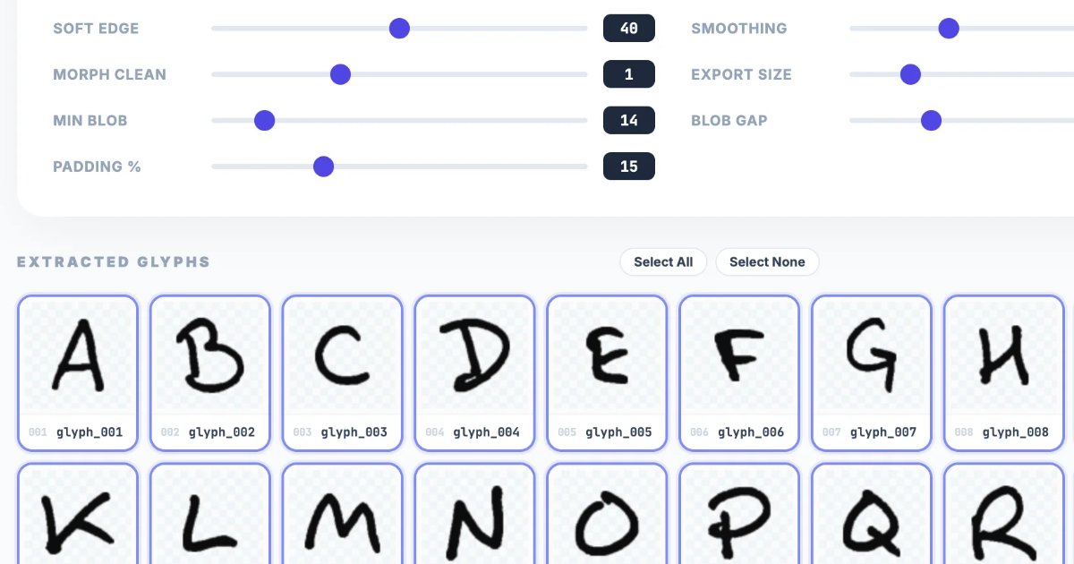 Screenshot of Glyph Extractor: Handwriting glyph extraction tool. Isolate clean character images from scanned paper — remove noise and export PNGs for custom font creation pipelines.