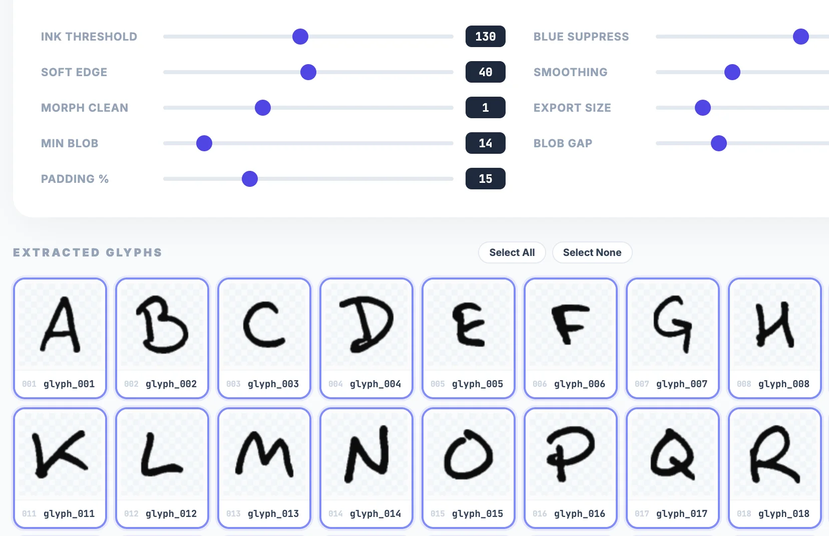 Screenshot of Glyph Extractor: Handwriting glyph extraction tool. Isolate clean character images from scanned paper — remove noise and export PNGs for custom font creation pipelines.