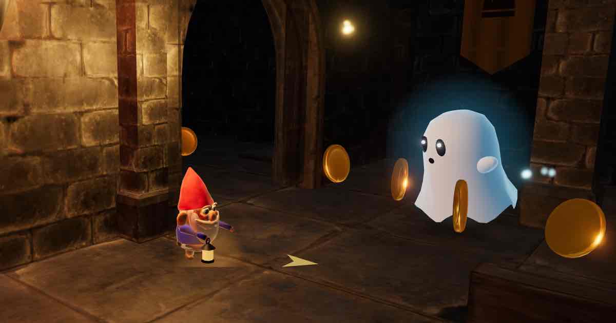 Screenshot of Gnome Hoard: Endless 3D castle treasure hunt: guide a gnome through a new castle every run, grab gold and gems, and open royal chests to keep your lantern lit.