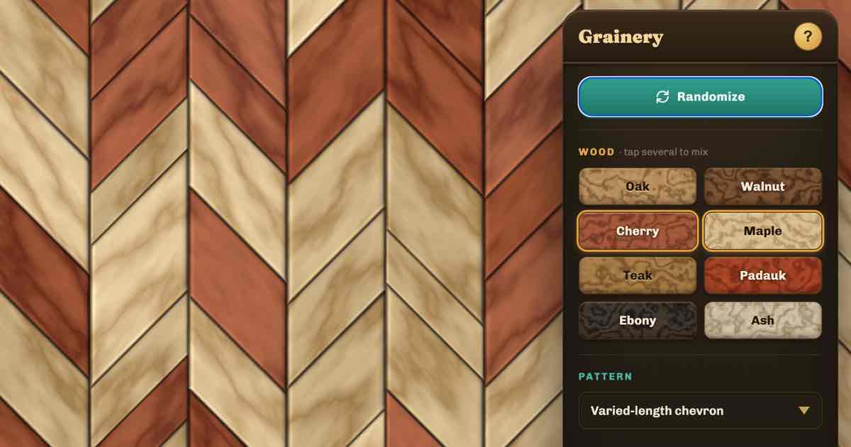 Screenshot of Grainery: Grainery generates endless procedural wood-grain patterns — planks, herringbone parquet, end-grain butcher block and more — in real wood species, and exports images.
