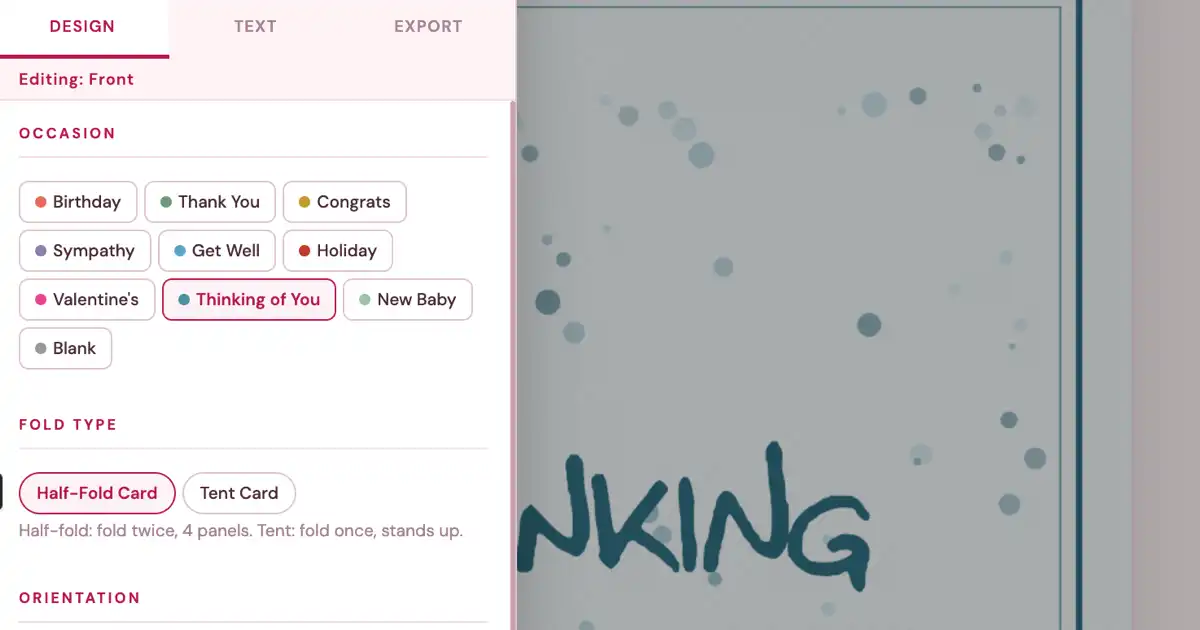 Screenshot of GreetingCrafter: Greeting card maker with fold-and-print templates, occasion presets, and custom fonts — Hallmark alternative for handmade cards.