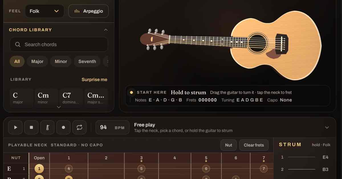 Screenshot of Guitar Centered: Playable 3D acoustic guitar with 35 chords, 80 songs, scales, alternate tunings, capo and video capture. Free alternative to Recursive Arts Online Guitar.