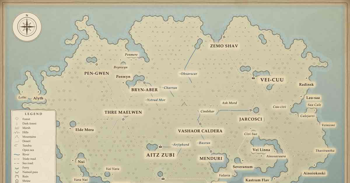 Screenshot of Hexcrawl Generator: Hexcrawl Generator builds fantasy hex maps with settlements, rivers, roads, ruins, a campaign gazetteer. Exports VTT, SVG, PDF, JSON for tabletop RPG game masters.