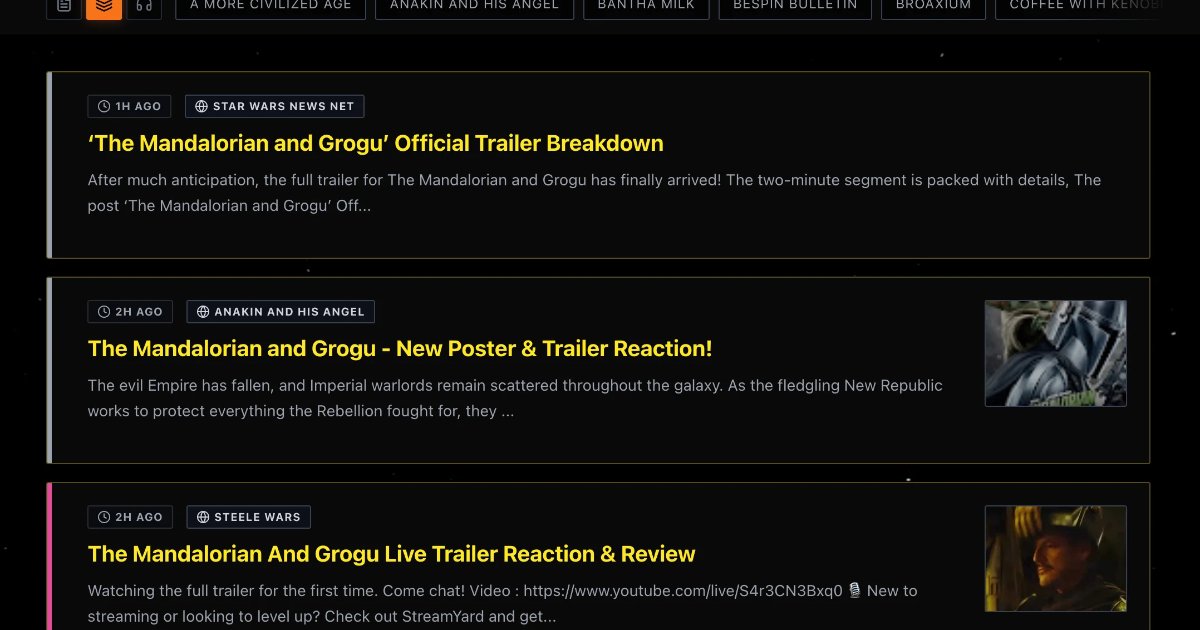 Screenshot of Holonet Uplink: Star Wars news and podcast aggregator. Browse dozens of galactic RSS feeds in an immersive Holonet-themed dashboard — a daily briefing for Star Wars fans.