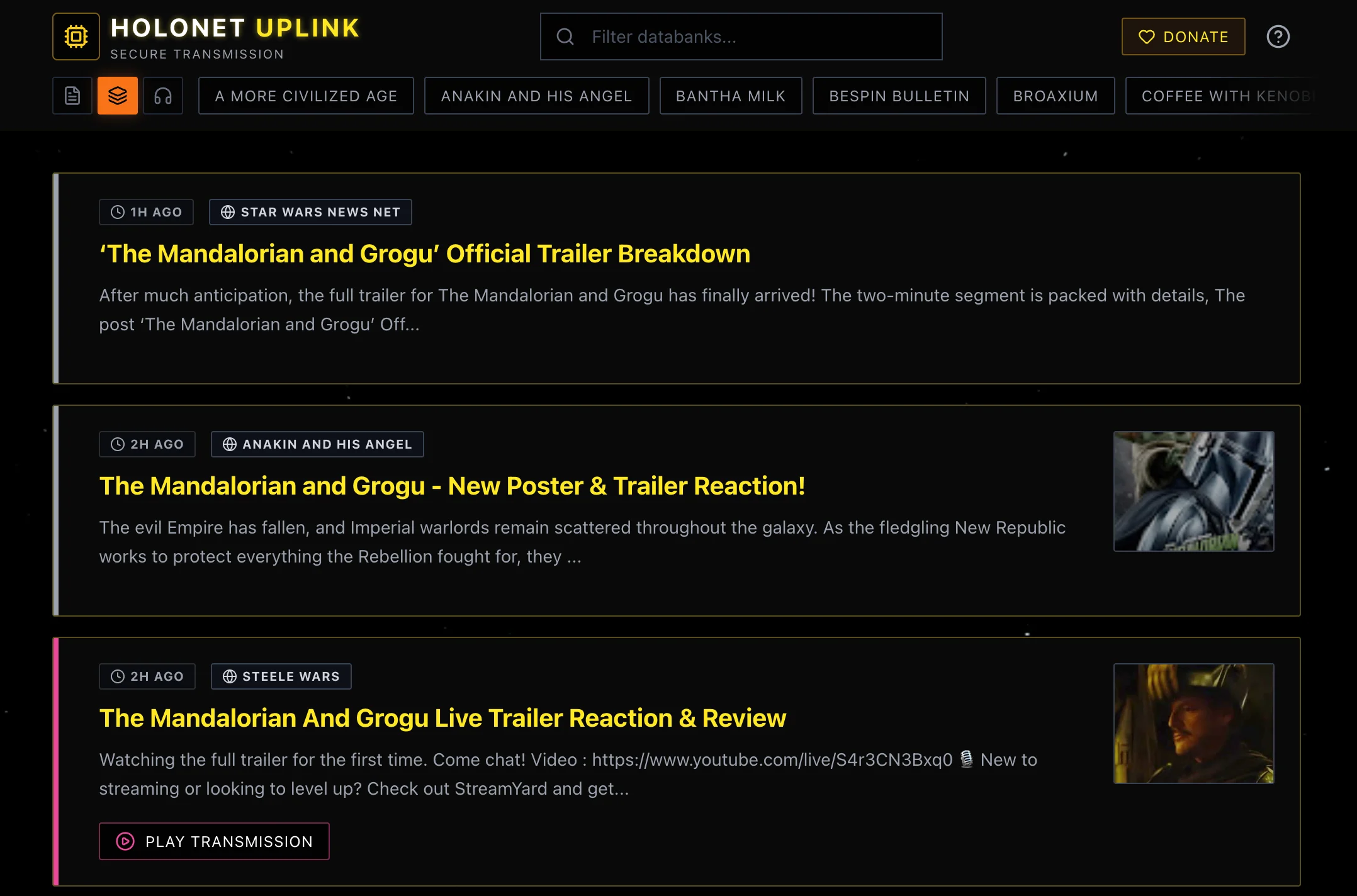 Screenshot of Holonet Uplink: Star Wars news and podcast aggregator. Browse dozens of galactic RSS feeds in an immersive Holonet-themed dashboard — a daily briefing for Star Wars fans.