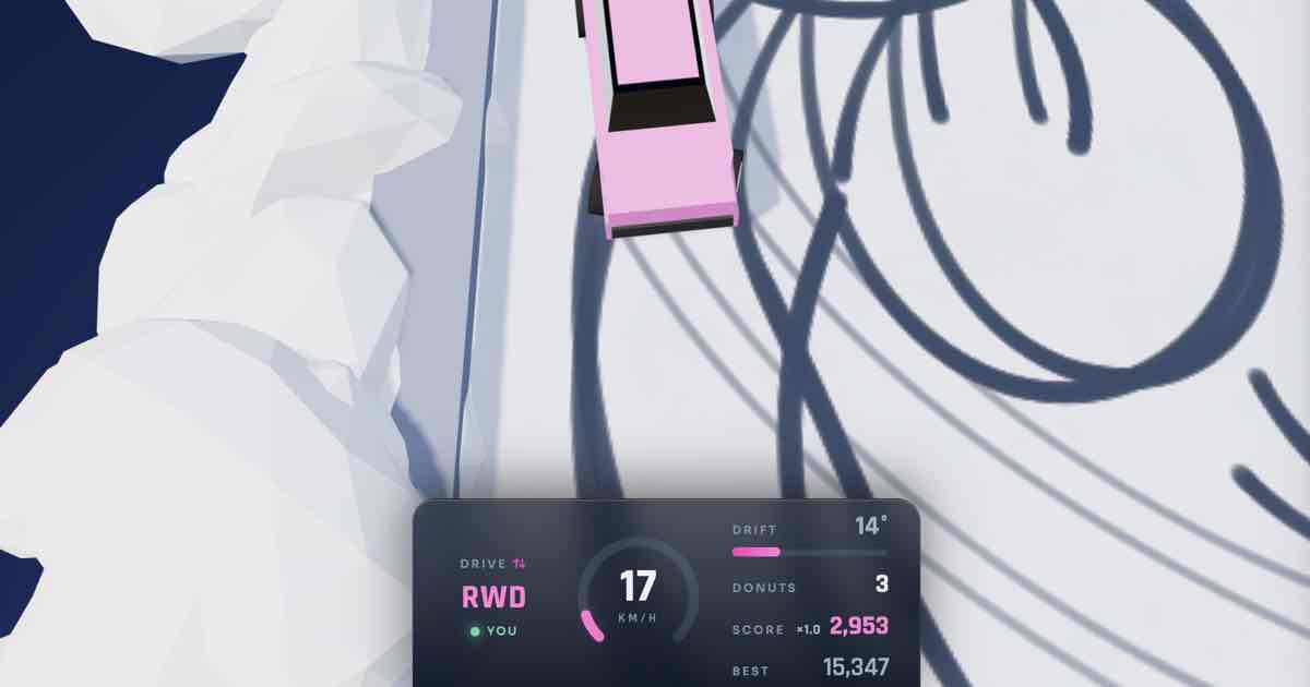 Screenshot of Ice Wheels: Drift and do donuts in a snowy 3D parking lot. Switch FWD, RWD, and AWD, carve tire tracks, and knock cones over for points. Every day is a snow day!