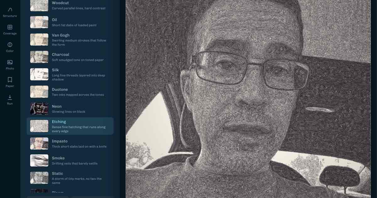 Screenshot of Inkwalker: Your photo doesn't get a filter. It gets painted, one stroke at a time, by thousands of little brushes that hunt the shadows while you watch.