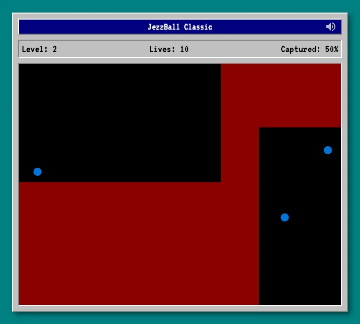 Screenshot of JezzBall: JezzBall clone — the classic Microsoft territory-capture puzzle. Build walls to trap bouncing balls and claim space. A faithful recreation of the Windows 3.1 original.