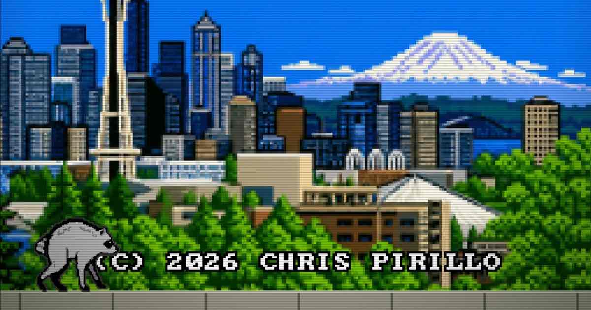 Screenshot of Jimothy Game: Jimothy sighting! 8-bit NES game starring Seattle's viral short-spined raccoon. Raid trash cans, dodge paparazzi, cross Ballard, climb to the den.