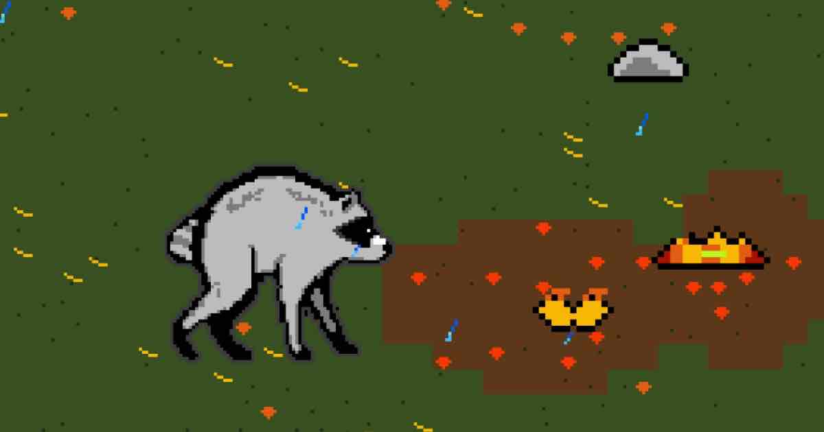 Screenshot of Jimothy Screensaver: Virtual pet: an 8-bit Seattle raccoon that went viral is now roaming a full-screen yard: cursor following, zoomies, weather, custom backdrops, MP4 and GIF clips. Safe!