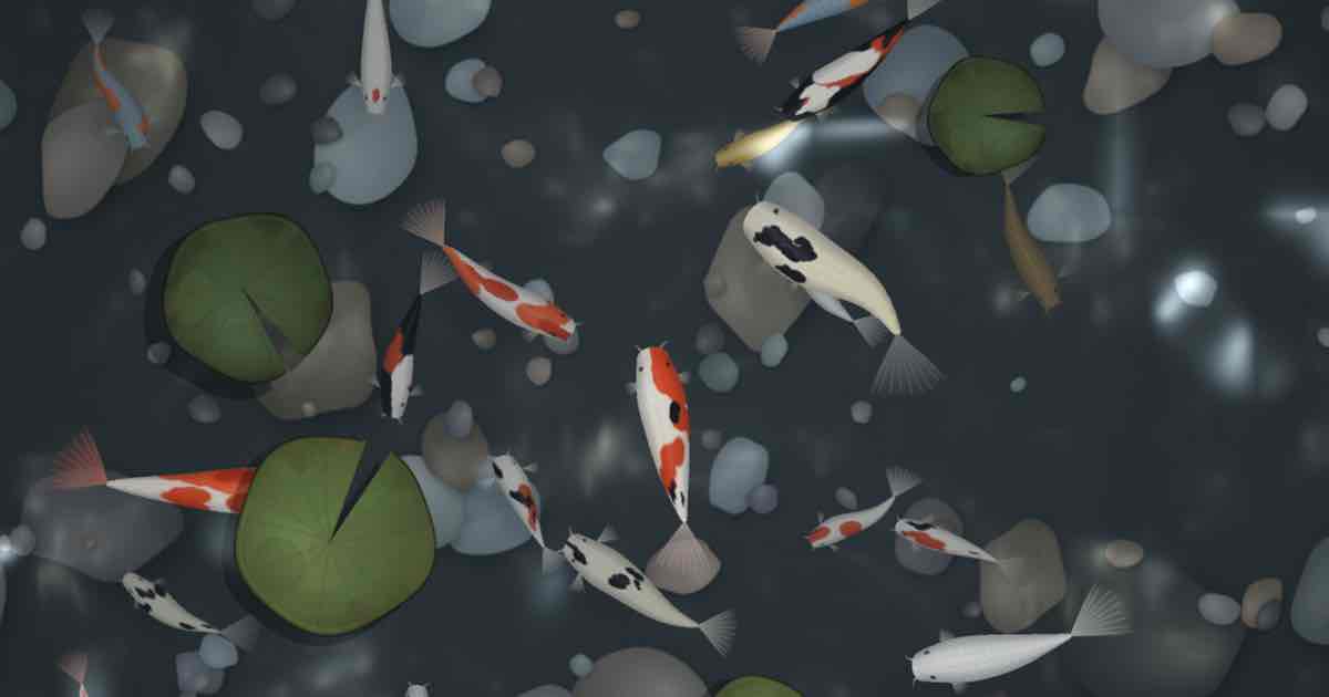 Screenshot of Koi Pond: Koi pond simulator with generative nishikigoi — tap to feed, ripples, caustics, lily pads, day-night light. Alternative to My Koi and Pocket Pond.