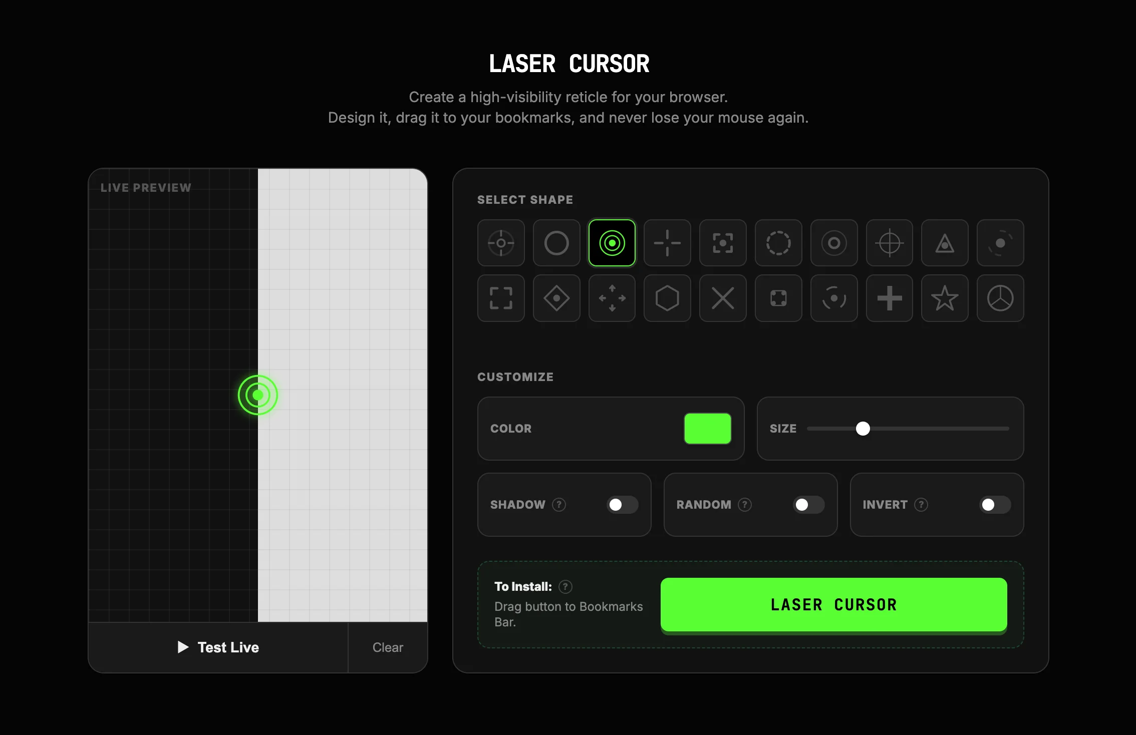 Screenshot of Laser Cursor: Mouse pointer reticle overlay bookmarklet. Install a laser-sight cursor on any web page — never lose your pointer during presentations and screencasts.