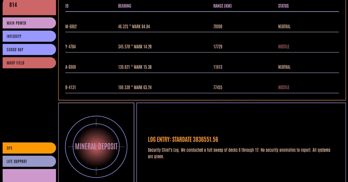 Screenshot of LCARS: Star Trek LCARS interface generator. Create authentic Starfleet computer panels — a procedural LCARS builder for Trek fans, inspired by the TNG/DS9/Voyager UI.