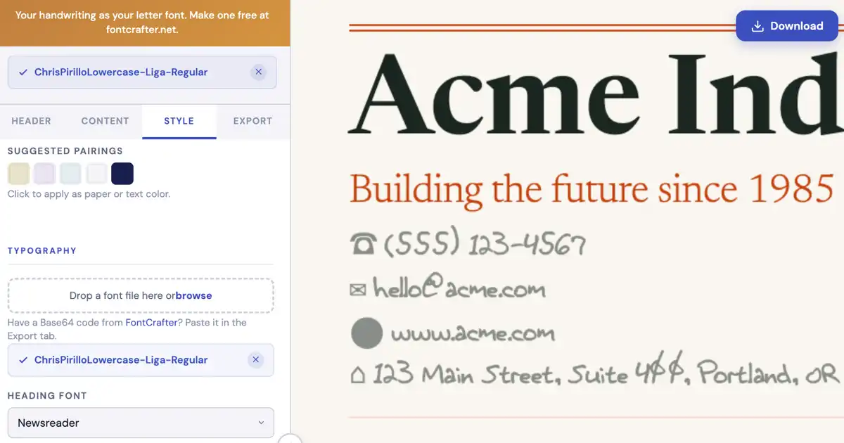 Screenshot of LetterCrafter: Design professional letterheads for your business. Add your logo, use your own handwriting font, and download print-ready PDFs.