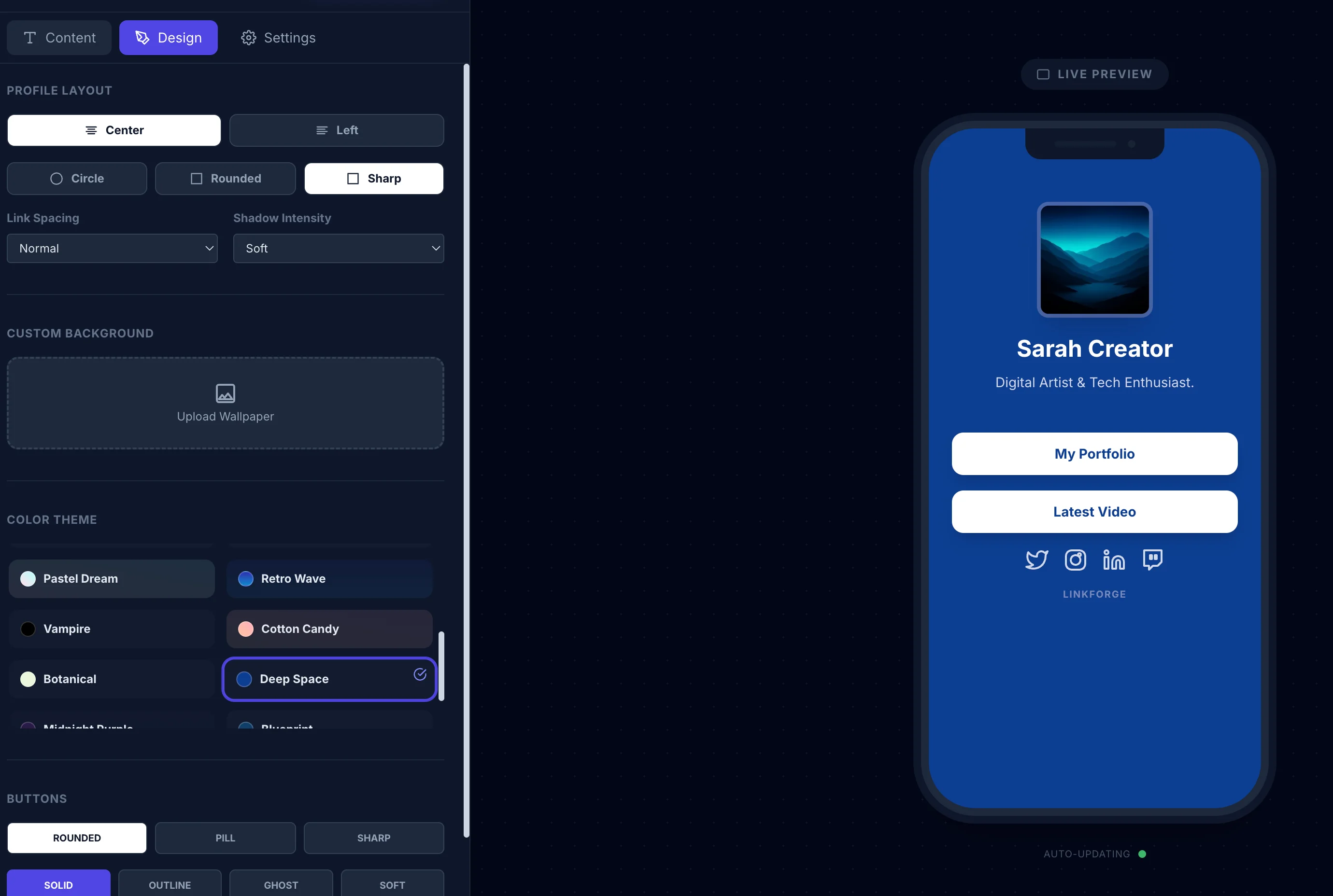 Screenshot of LinkForge: Link-in-bio page builder. Create a custom landing page with all your social links — a free self-hosted alternative to Linktree and Beacons.