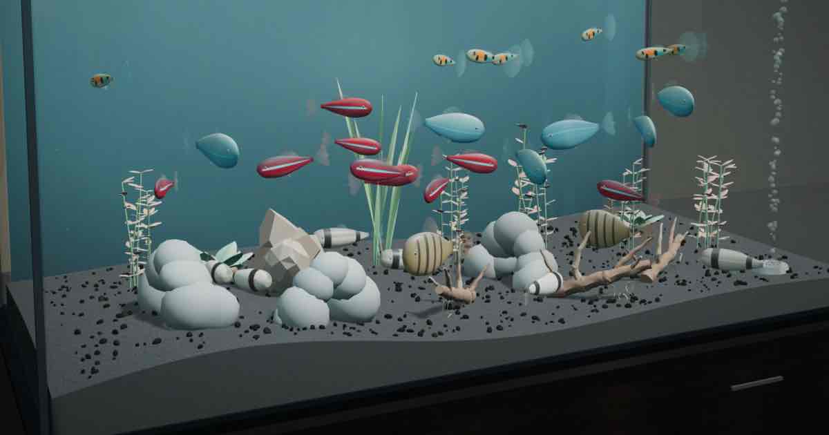 Screenshot of Living Aquarium: Freshwater aquarium simulator: aquascape with plants, driftwood and rock, stock 100 fish species, and let procedurally generated tanks cycle on their own.