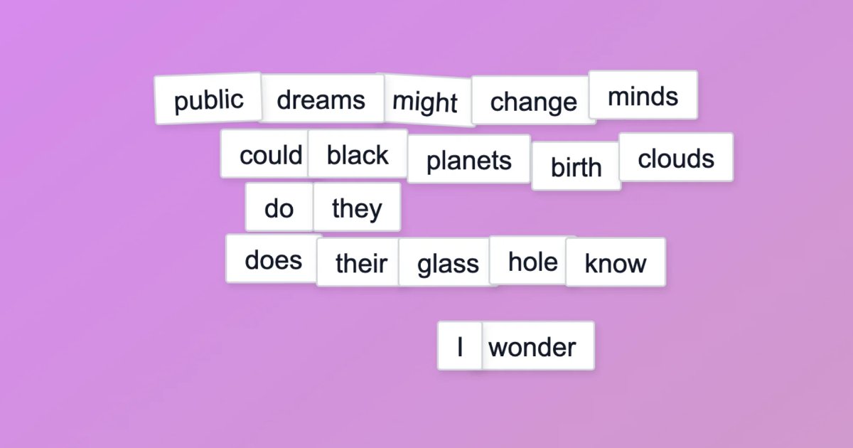 Screenshot of Magnetic Poetry: Drag-and-drop magnetic poetry maker with 40+ themed word kits. Arrange fridge magnets into poems, then export — a digital alternative to Magnetic Poetry sets.