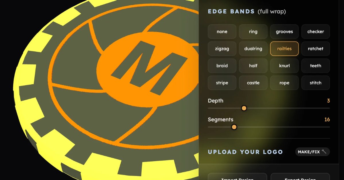 Screenshot of MakerChip Maker: 3D poker chip designer for 3D printing. Add logos, QR codes, and custom text with real-time preview — export multi-material 3MF and STL files for production.