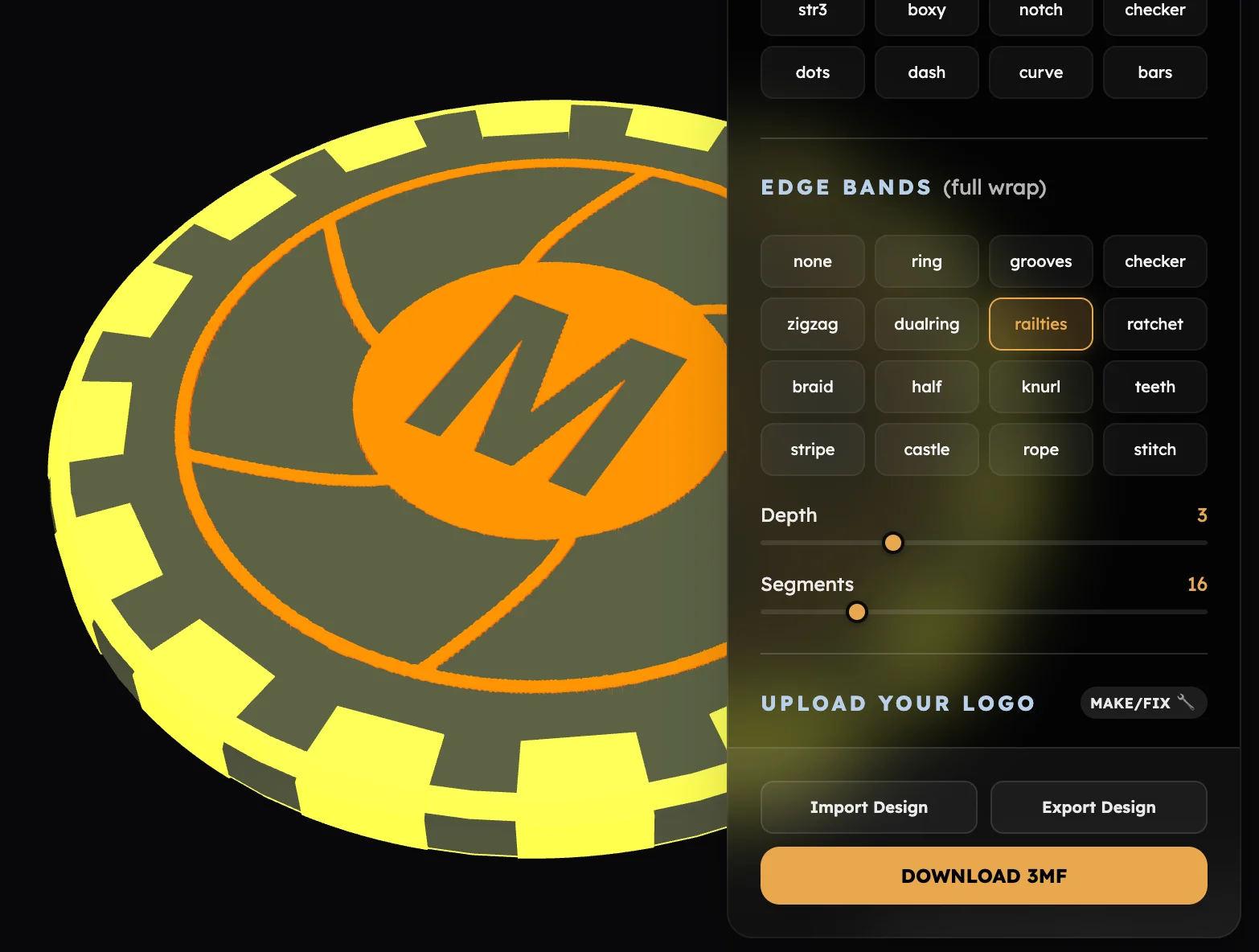 Screenshot of MakerChip Maker: 3D poker chip designer for 3D printing. Add logos, QR codes, and custom text with real-time preview — export multi-material 3MF and STL files for production.