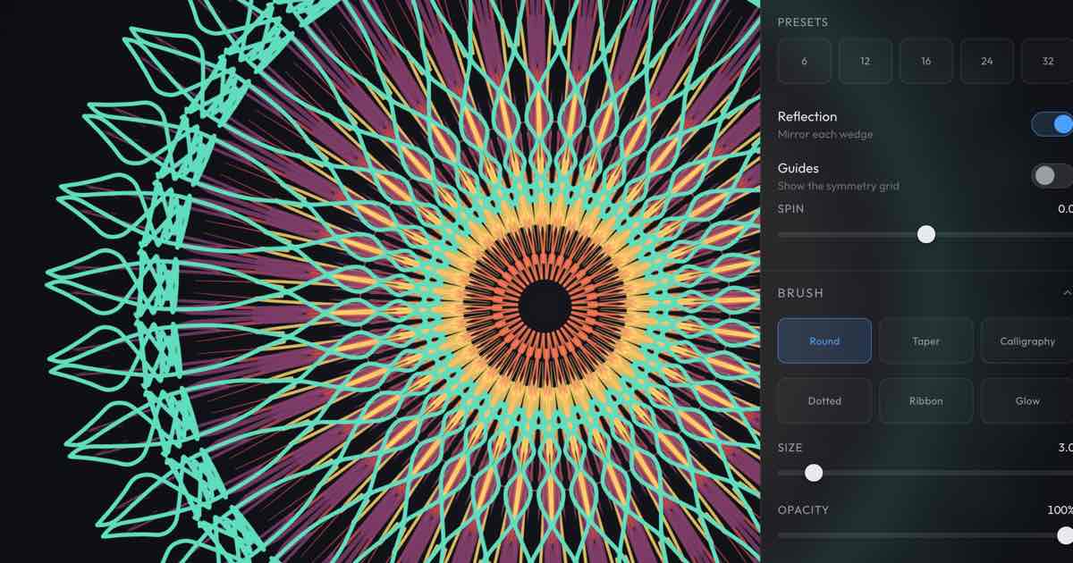 Screenshot of Mandala Muse: Mandala maker and symmetry drawing studio — kaleidoscope brushes, layers, sacred-geometry palettes, coloring-page features. A free alternative to Silk and Weavesilk.