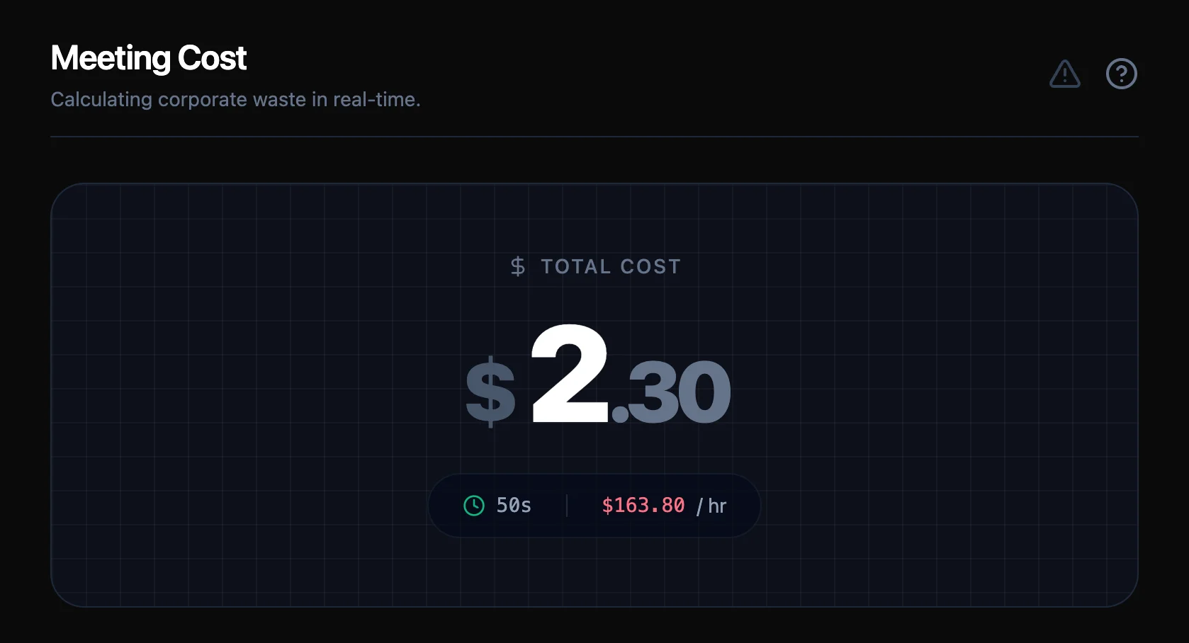 Screenshot of Meeting Cost Tracker: Real-time meeting cost calculator. Enter attendee salaries and watch dollars tick up — visualize the true cost of every meeting.