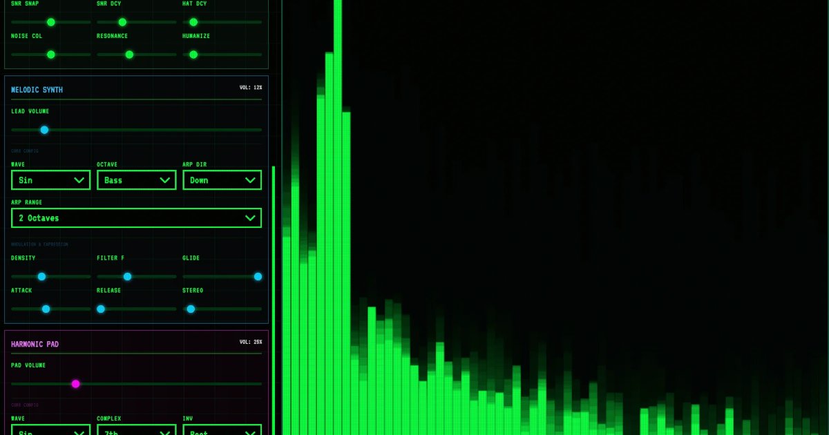 Screenshot of MIDI Mixer: Generative MIDI synthesizer studio. Create evolving compositions with an interactive synth engine — a free alternative to Chrome Music Lab and Ableton Note.