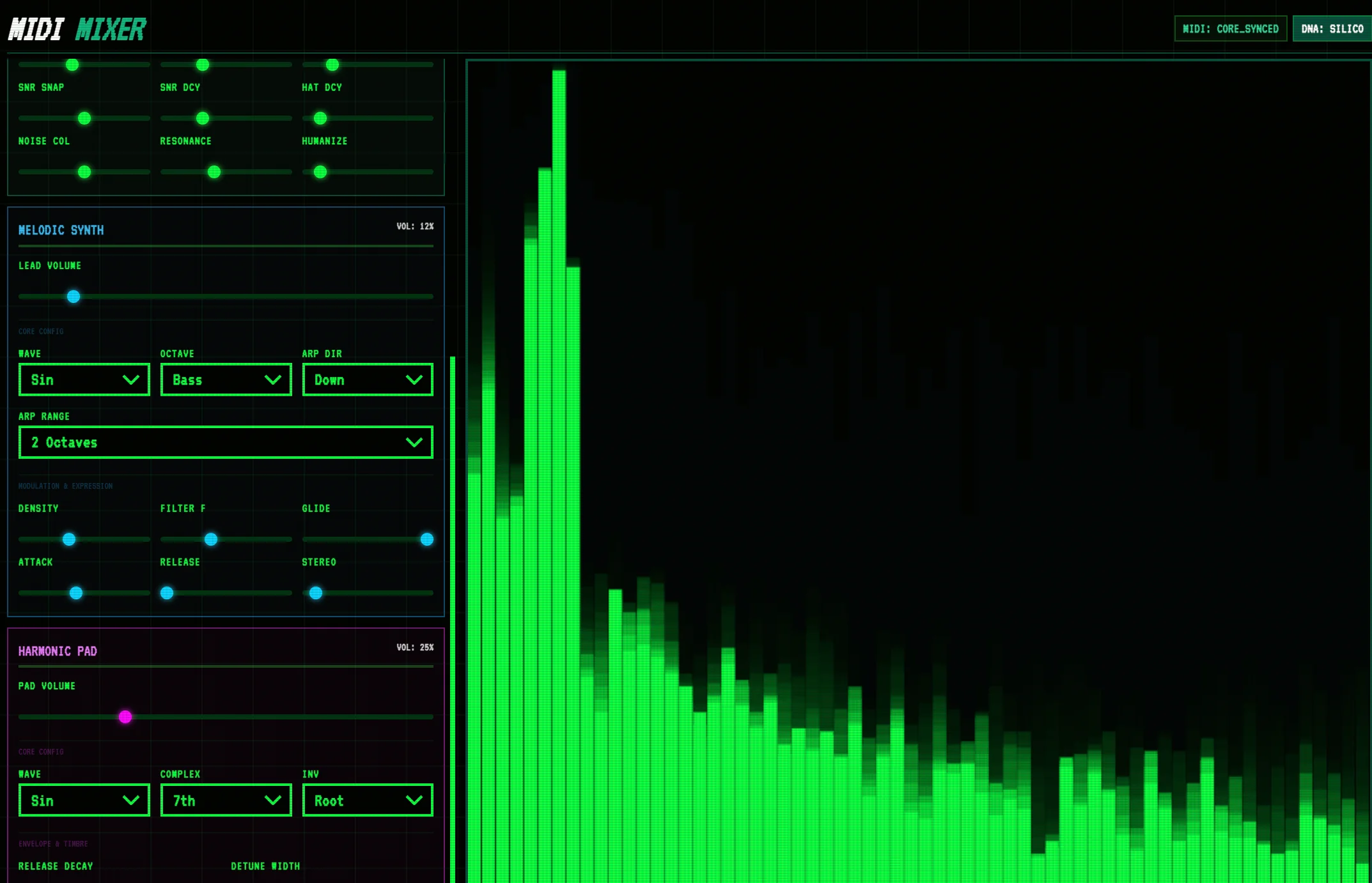 Screenshot of MIDI Mixer: Generative MIDI synthesizer studio. Create evolving compositions with an interactive synth engine — a free alternative to Chrome Music Lab and Ableton Note.