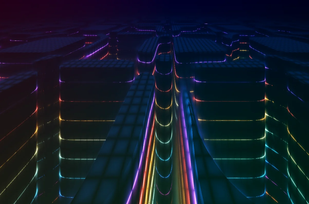 Screenshot of Neotropolis: Psychedelic cityscape generator. Explore surreal urban landscapes with neon colors and shifting perspectives — procedural architecture art with a vaporwave aesthetic.