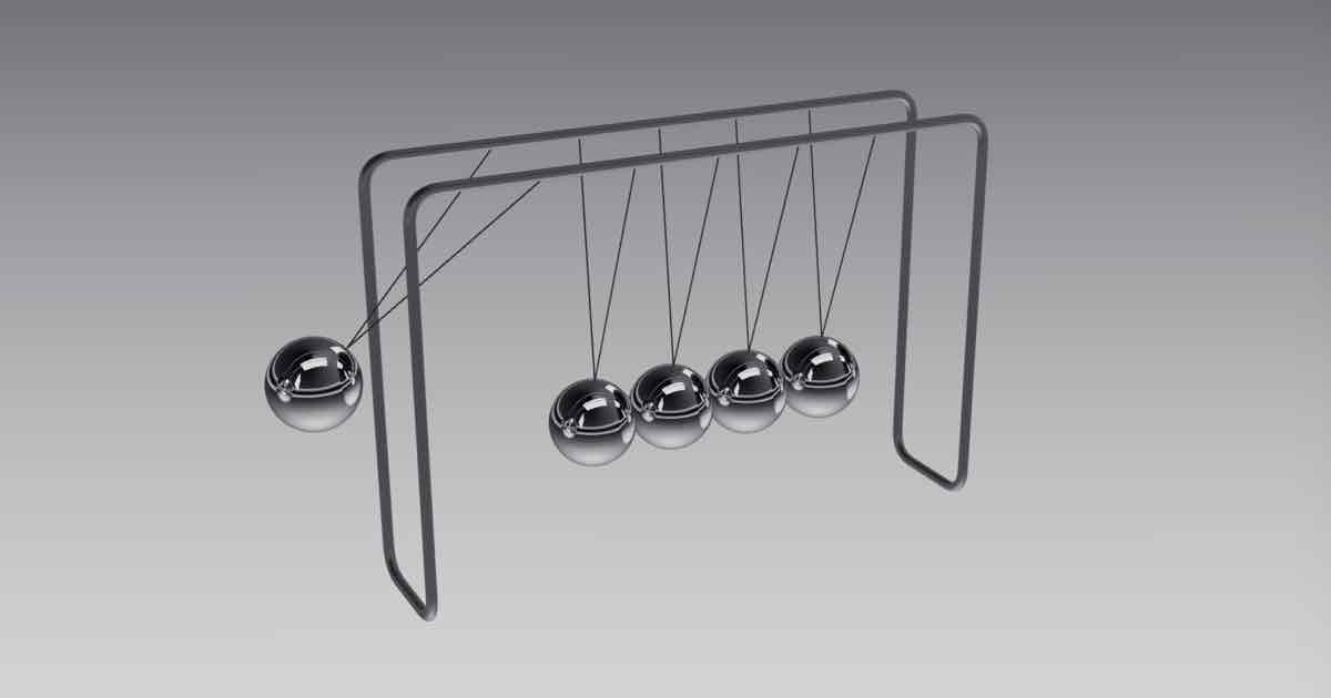 Screenshot of Newton's Cradle: Free 3D Newton's cradle simulator — drag the balls, orbit the frame, change materials, gravity and lighting, plus pendulum-wave mode. Learn as you play. World's best!
