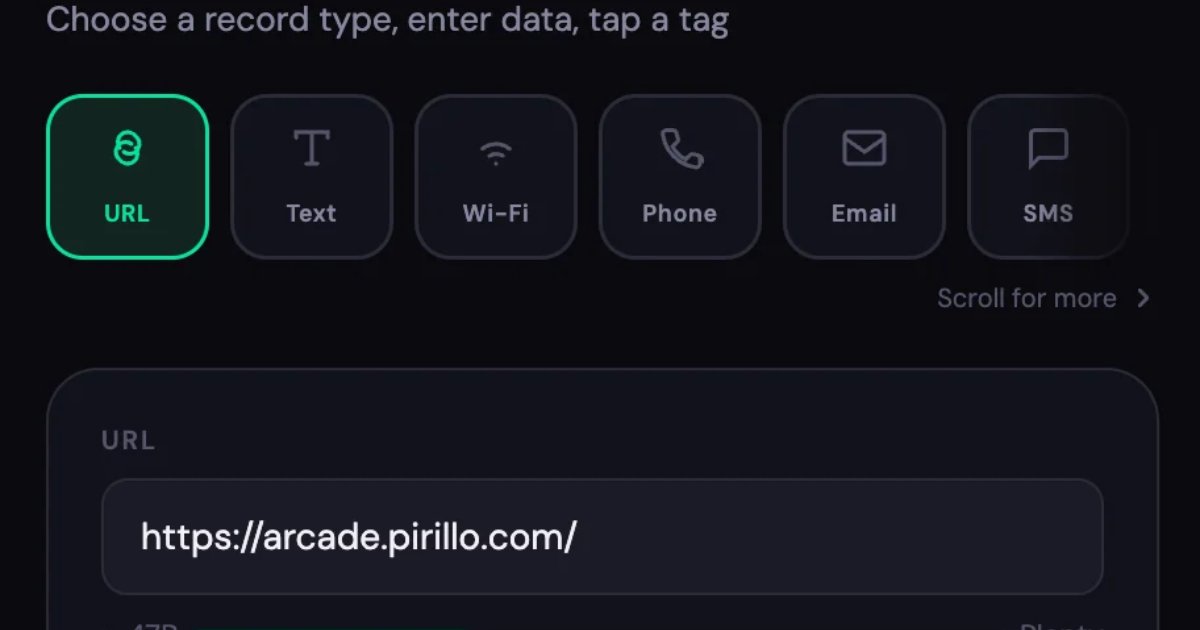 Screenshot of NFC Maestro: NFC tag reader, writer, and cloner. Scan, write, lock, and batch-program NFC tags — a free alternative to NFC Tools and TagWriter for Web NFC.