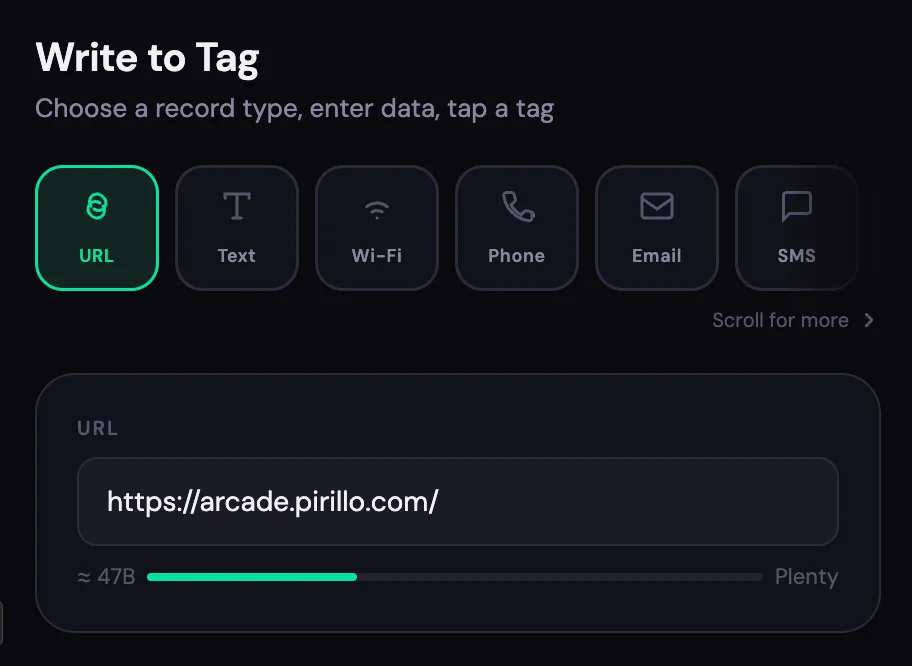 Screenshot of NFC Maestro: NFC tag reader, writer, and cloner. Scan, write, lock, and batch-program NFC tags — a free alternative to NFC Tools and TagWriter for Web NFC.
