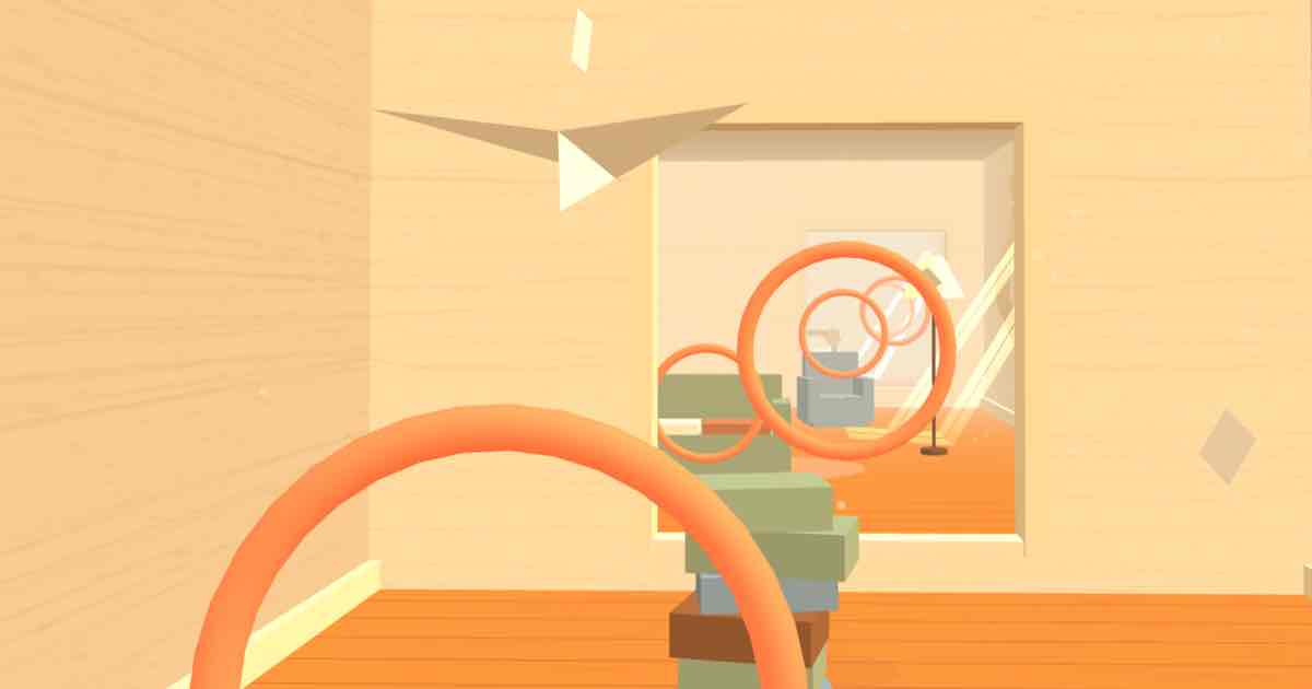 Screenshot of Paper Glider: Paper airplane flying game — glide through endless rooms, thread floating rings, and dodge furniture in warm afternoon light. A free tribute to Glider PRO.
