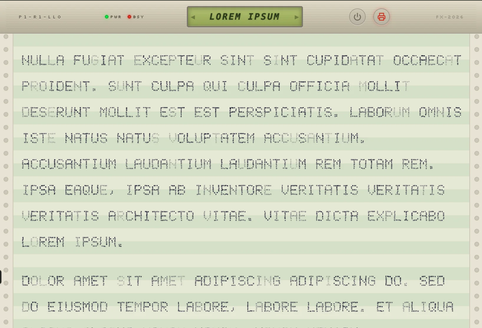 Screenshot of Paper Jam: Dot matrix printer simulator with 9-pin printing, RSS feeds, image-to-ASCII conversion, and authentic sounds — a faithful recreation of 1980s impact printing.