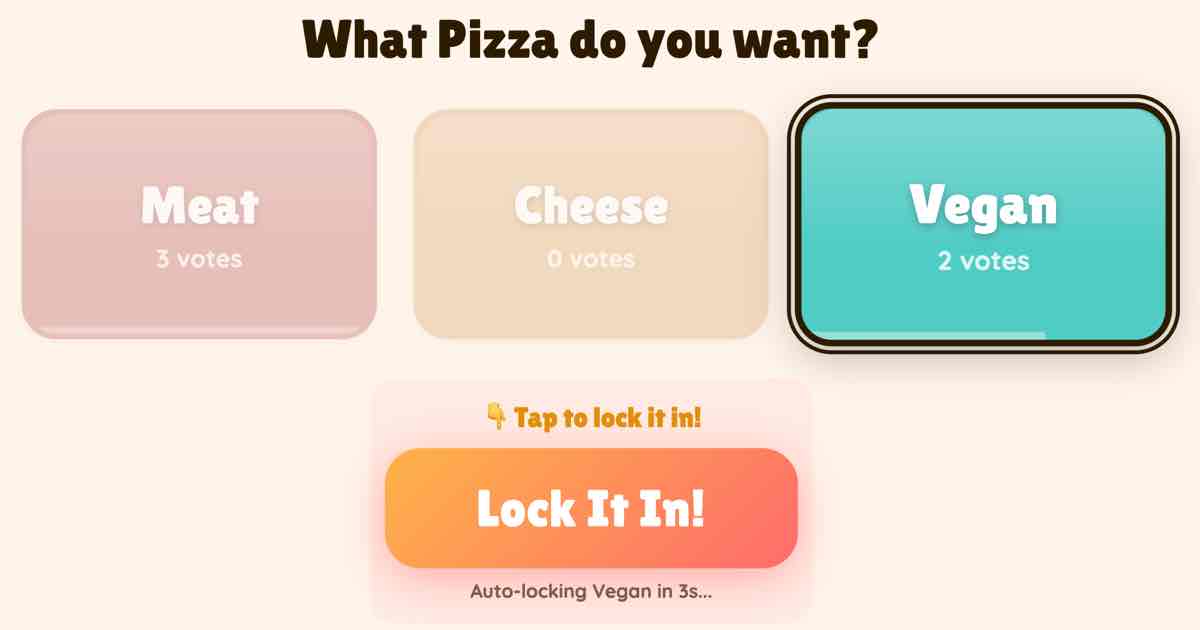 Screenshot of Party Platter: Group preference voting and order calculator for parties — guests tap their choice for food, drinks, or anything else. Live tally, portion math.