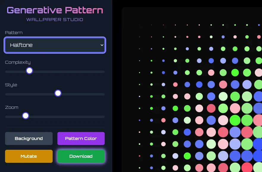 Screenshot of Pattern Studio: Seamless pattern and wallpaper generator. Create tileable designs with generative algorithms — a free alternative to Patterninja and Repper for background creation.