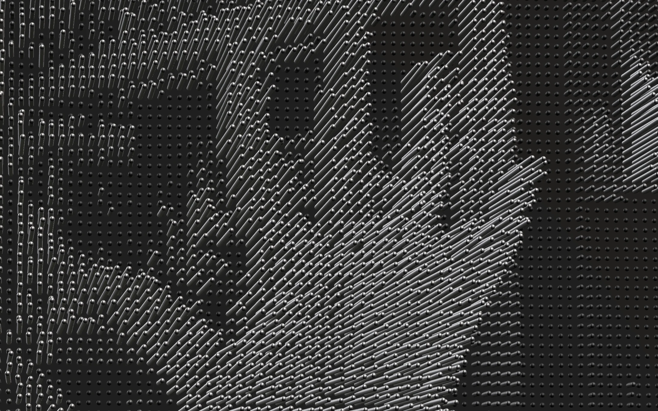 Screenshot of Pin Toy: Webcam pin art toy. Transform your camera feed into a responsive metallic pin landscape with thousands of pins — a digital Pinpressions toy with audio reactivity.