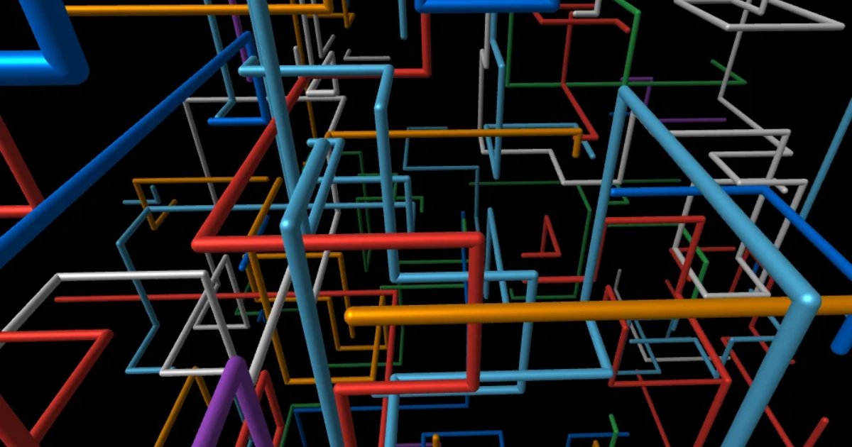 Screenshot of Pipe Dream: 3D Pipes screensaver recreation. Endless colorful pipes build and twist through space — a faithful WebGL tribute to the classic Windows screensaver from the 1990s.