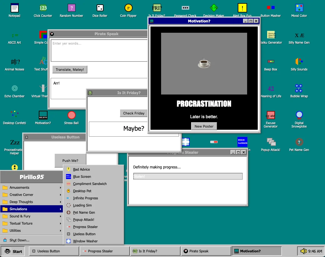Screenshot of Pirillo 95: Windows 95 desktop simulator. Explore the Start menu, taskbar, and retro UI — a nostalgic recreation of Microsoft's iconic 1995 operating system interface.
