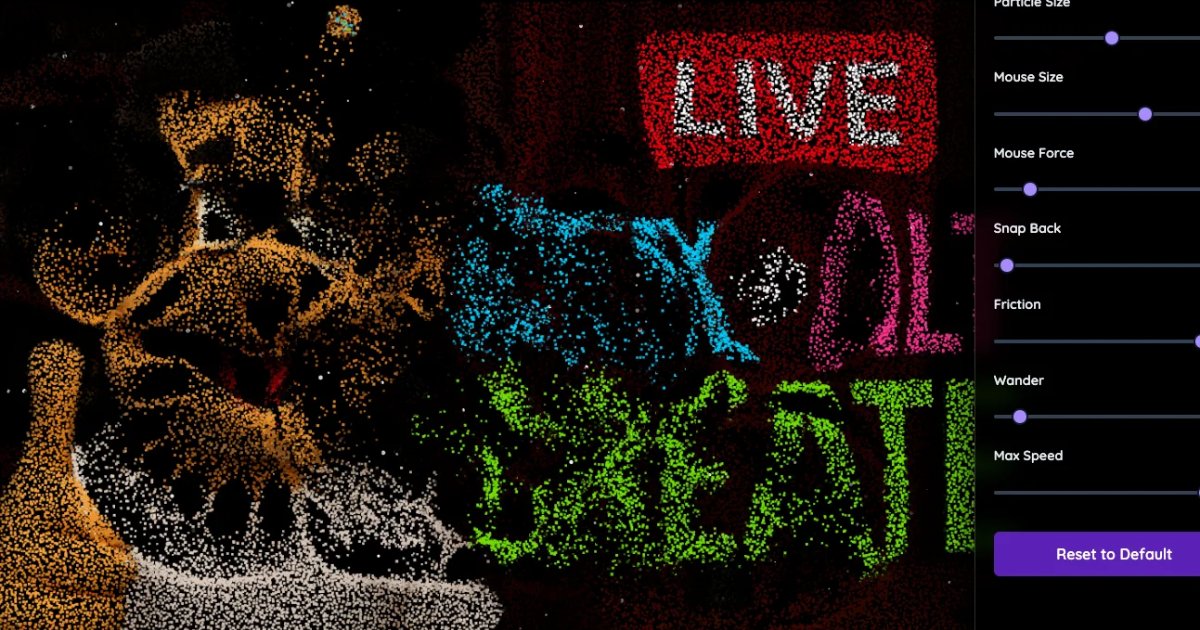 Screenshot of Pixel Dust: Photo-to-particle effect tool. Deconstruct any image into flowing pixel dust with interactive physics — create Thanos-snap-style disintegration art.
