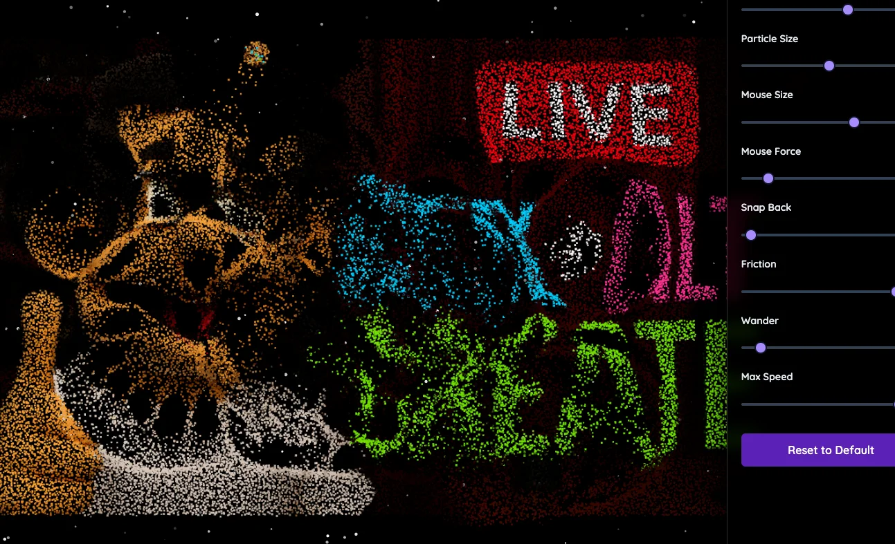 Screenshot of Pixel Dust: Photo-to-particle effect tool. Deconstruct any image into flowing pixel dust with interactive physics — create Thanos-snap-style disintegration art.