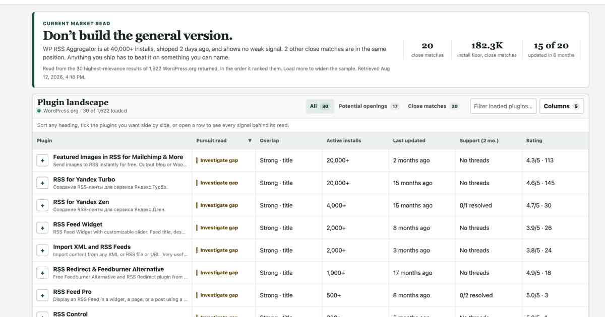 Screenshot of Plugin Gap: Check whether your WordPress plugin idea already exists. Search the live WordPress.org directory for rivals, install bands, recent reviews, and real gaps.