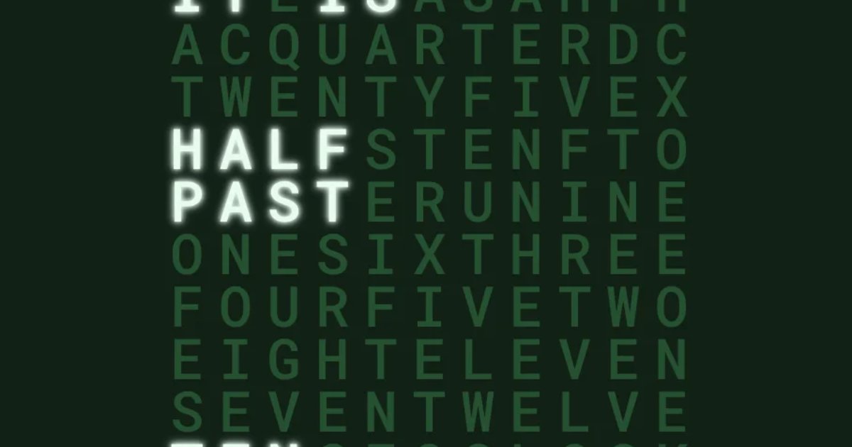 Screenshot of Qlock: Word clock that displays time as text. Hours spelled out in a minimalist grid — a digital replica of the QLOCKTWO design clock for your desktop.