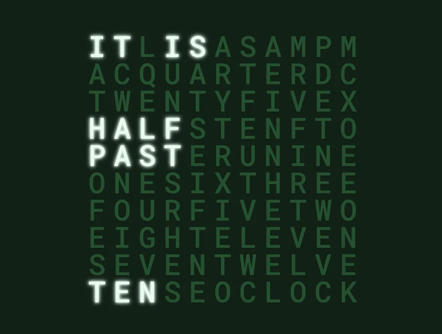 Screenshot of Qlock: Word clock that displays time as text. Hours spelled out in a minimalist grid — a digital replica of the QLOCKTWO design clock for your desktop.